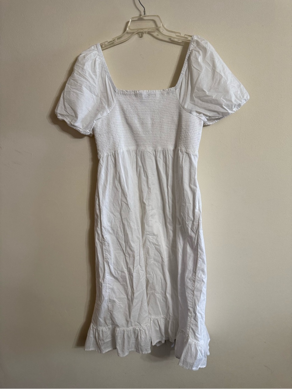 J.CREW L Smocked Puff Sleeve Ruffle Square Neck Midi Dress Cotton White Women's - Picture 4 of 4